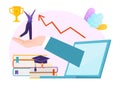 Hand hold tiny character woman, education help achieve goal, diploma higher education flat vector illustration, isolated