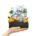 Hand hold travel bag with Earth and buildings Royalty Free Stock Photo