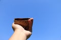 Hand hold up the coconut shell background with blue sky