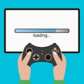 Hand hold video game controller, gamepad. Screen with loading bar. Gaming concept. Vector.