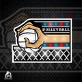 Hand hold volleyball ball above net. Vector sport logo for any team