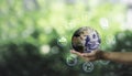 Hand hold world on greenery background and CO2 reducing for decrease carbon footprint and credit to limit global warming from Royalty Free Stock Photo