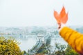 Hand hold yellow leaf with old eauropean city on background