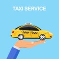 Hand hold yellow taxi car isolated on background. Cab service, automobile. City passenger transport. Vector flat illustration Royalty Free Stock Photo