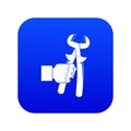 Hand holdimg calipers icon digital blue