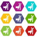Hand holdimg calipers icon set color hexahedron