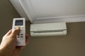 Hand holdind control switch of home air conditioner Royalty Free Stock Photo