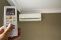 Hand holdind control switch of home air conditioner Royalty Free Stock Photo