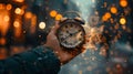hand holding an analog clock,time passing travel countdown deadline concept Royalty Free Stock Photo
