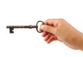 Hand holding an antique key on a white Royalty Free Stock Photo
