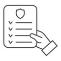 Hand holding approved checklist thin line icon, delivery and logistic symbol, courier report document vector sign on