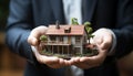 Hand holding architectural model showing home ownership and investment ideas generated by AI Royalty Free Stock Photo