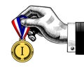 Hand holding an award medal with blue white red ribbon Royalty Free Stock Photo