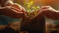 hand holding bag with young plant, new life concept, small tree in soil, generative AI Royalty Free Stock Photo