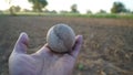 Cricket leather ball closeup holding in hand. Old rustic ball closeup with attractive round shape Royalty Free Stock Photo