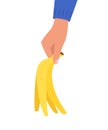 Hand holding banana peel. Hand throws banana into trash can. Organic waste. Trash sorting, recycling. Vector illustration