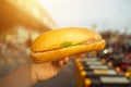 Hand holding Banh Mi - Vietnamese Sandwich, popular street food from bread stuffed with raw material: pork, ham, pate, egg and Royalty Free Stock Photo