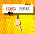 Hand holding banner with Poor or Rich words with arrows on paper. Royalty Free Stock Photo