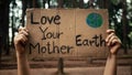 Hand holding banners protesting over pollution and global warming in the forest to save planet earth. The concept of World