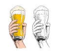 Hand holding a beer glass. Vintage engraving style vector illustration