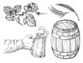 Hand holding with beer mug, barrel, hops, ears