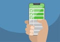 Hand holding bezel-free smartphone with green checklist as concept for mobile and online todo lists. Vector illustration with fra