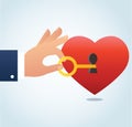 Hand holding the big key with keyhole on red heart vector illustration Royalty Free Stock Photo