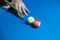 Hand holding billiard stick cue on a pool table ready to shot ball Royalty Free Stock Photo