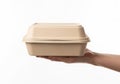 A hand holding a biodegradable food container Royalty Free Stock Photo