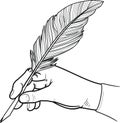 hand holding a bird feather pen for writing or drawing. Black on white background Royalty Free Stock Photo