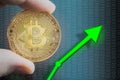 Hand holding bitcoin price rising and increase value of BTC. Trading and holding coin with digital 1s and 0s. Royalty Free Stock Photo