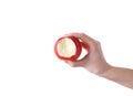 Hand holding bite red apple isolated on white background Royalty Free Stock Photo