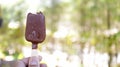 A hand holding bitten common popular dark chocolate ice cream stick or ice bream bar with nature background copy space. Magnum ice Royalty Free Stock Photo