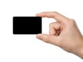 Hand holding a black card with rounded corners against white background Royalty Free Stock Photo