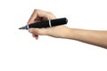 Hand holding black magic marker pen ready to writing something isolated on white background with copy space, studio shot Royalty Free Stock Photo
