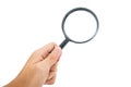 Hand holding black magnifier glass