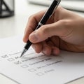 A hand holding a black pen marks checkboxes on a printed list Royalty Free Stock Photo