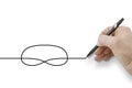 Hand holding a black pencil drawing a knot on white background Royalty Free Stock Photo