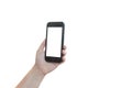 Hand holding black phone isolated on white clipping path inside Royalty Free Stock Photo