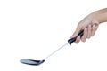 Hand holding black plastic spatula turner isolated on white background clipping path. Royalty Free Stock Photo