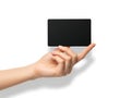 Hand holding black rectangular object isolated on white background stock image Royalty Free Stock Photo