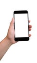 Hand holding black smartphone with blank screen isolated on whit Royalty Free Stock Photo