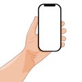 A hand holding a black smartphone. the phone has a blank white screen. A person using a mobile phone. vector Royalty Free Stock Photo