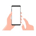 Hand holding black smartphone, touching blank white screen. Using mobile smart phone, flat design concept. Eps 10 vector Royalty Free Stock Photo