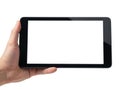 Hand holding black tablet computer isolated on white background Royalty Free Stock Photo