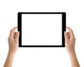 Hand holding black tablet isolated on white clipping path inside