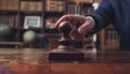 hand holding black wooden gavel and bang on sounding block by blurred judge in library or courtroom background as concept of Royalty Free Stock Photo