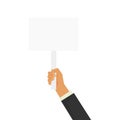 Hand holding blank banner mock up on wood stick isolated