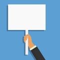 Hand holding blank banner mock up on wood stick isolated