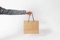 Hand holding blank brown paper bag for mockup template advertising and branding on gray background Royalty Free Stock Photo